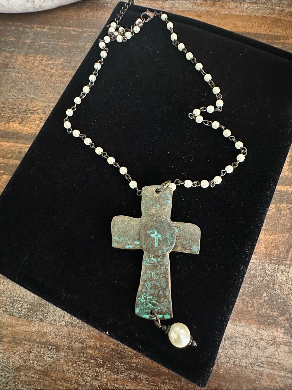 Verdigris Cross Pendant Necklace with Pearl Accent - Green Patina